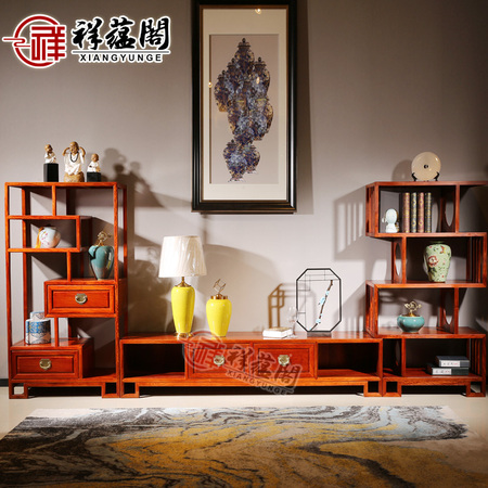 新中式缅甸花梨木大果紫檀客厅地柜组合红木影视柜背景墙电视柜